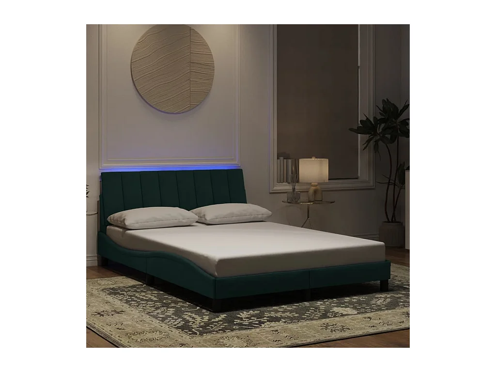 Cadre de lit avec lumières LED vert foncé 140x190 cm velours