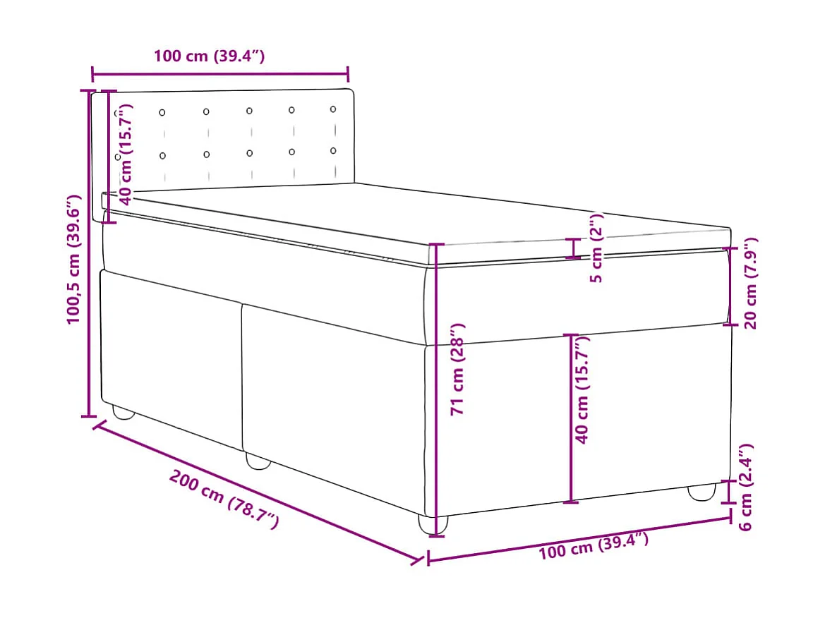 Cama box spring con colchón tela gris taupe 100x200 cm