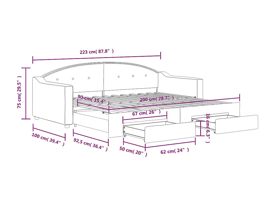 Lit de jour avec gigogne et tiroirs sans matelas taupe 90x200cm