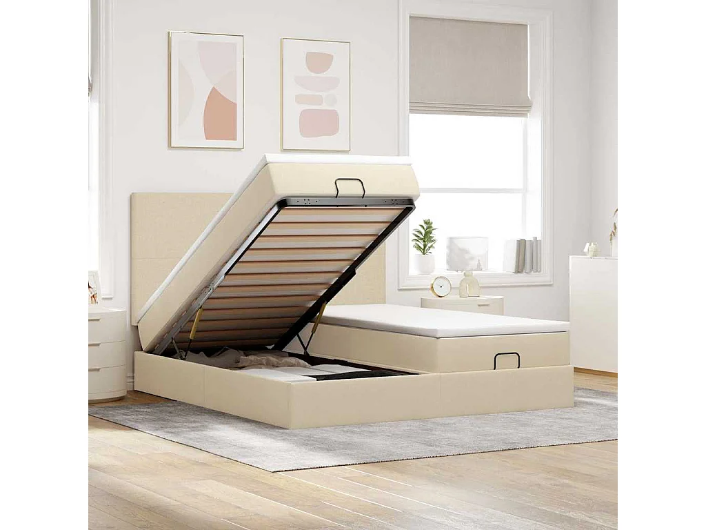 Cadre de lit ottoman avec matelas crème 180x200 cm tissu