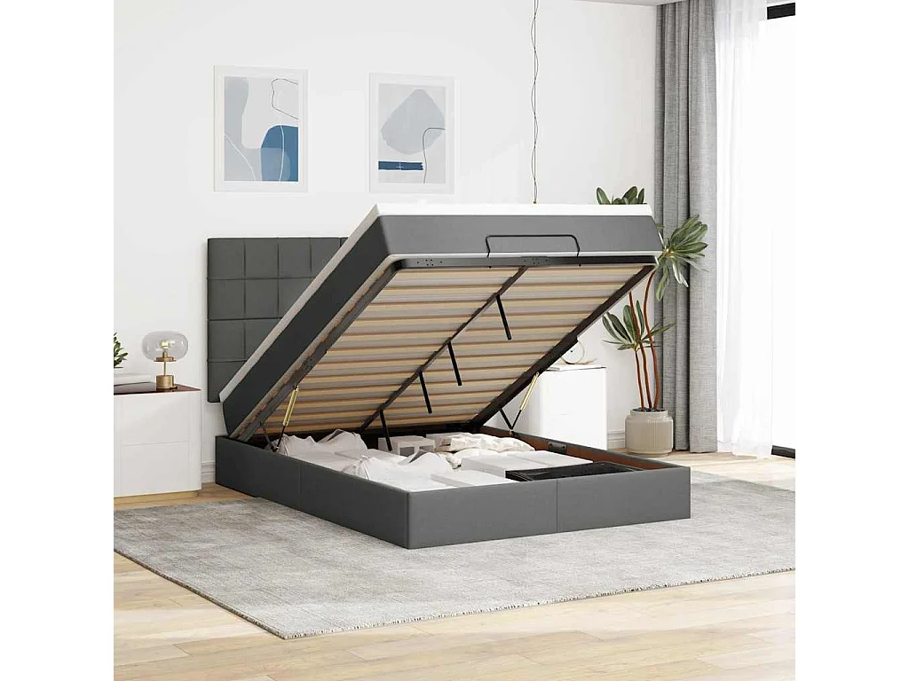 Cadre de lit ottoman avec matelas gris foncé 140x190 cm tissu