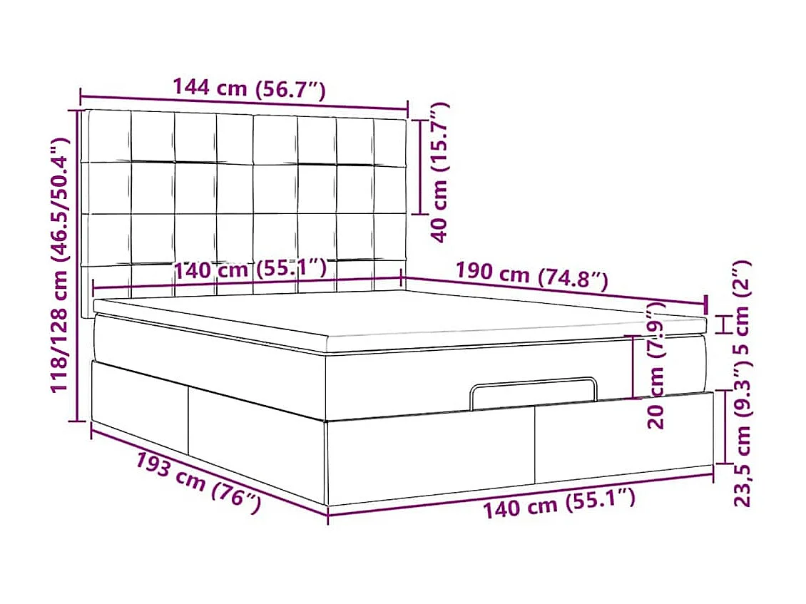 Cadre de lit ottoman avec matelas gris foncé 140x190 cm tissu
