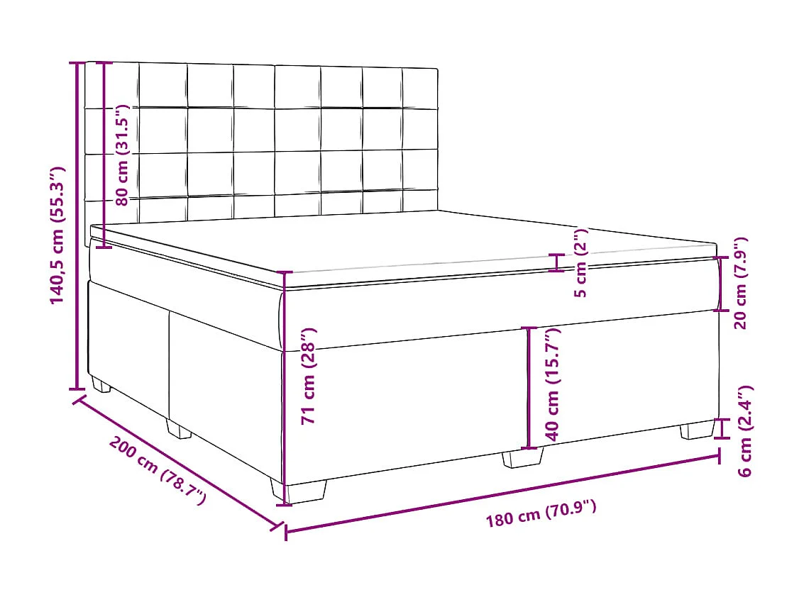 Cama box spring con colchón tela gris claro 180x200 cm