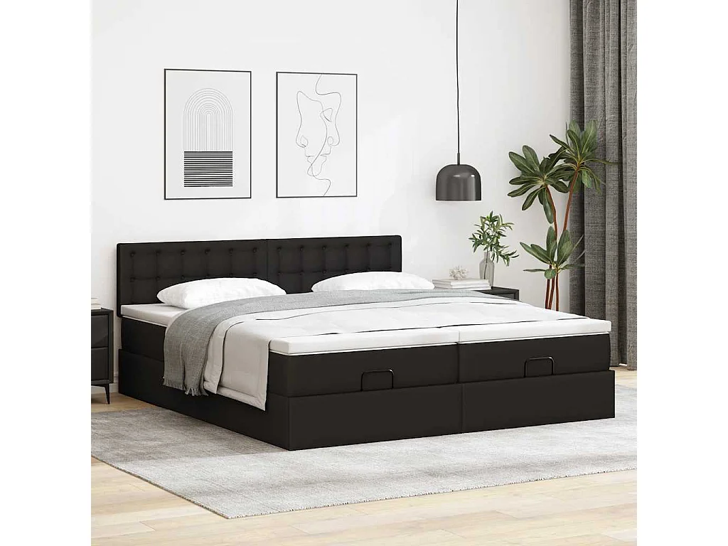 Cama otomana com colchões&LEDs 180x200cm couro artificial preto