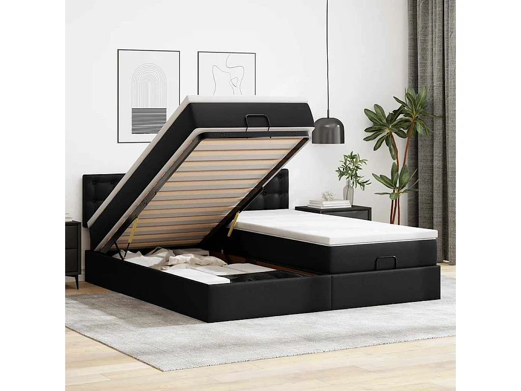 Ottoman-Bett mit Matratzen & LEDs Schwarz 180x200 cm Kunstleder