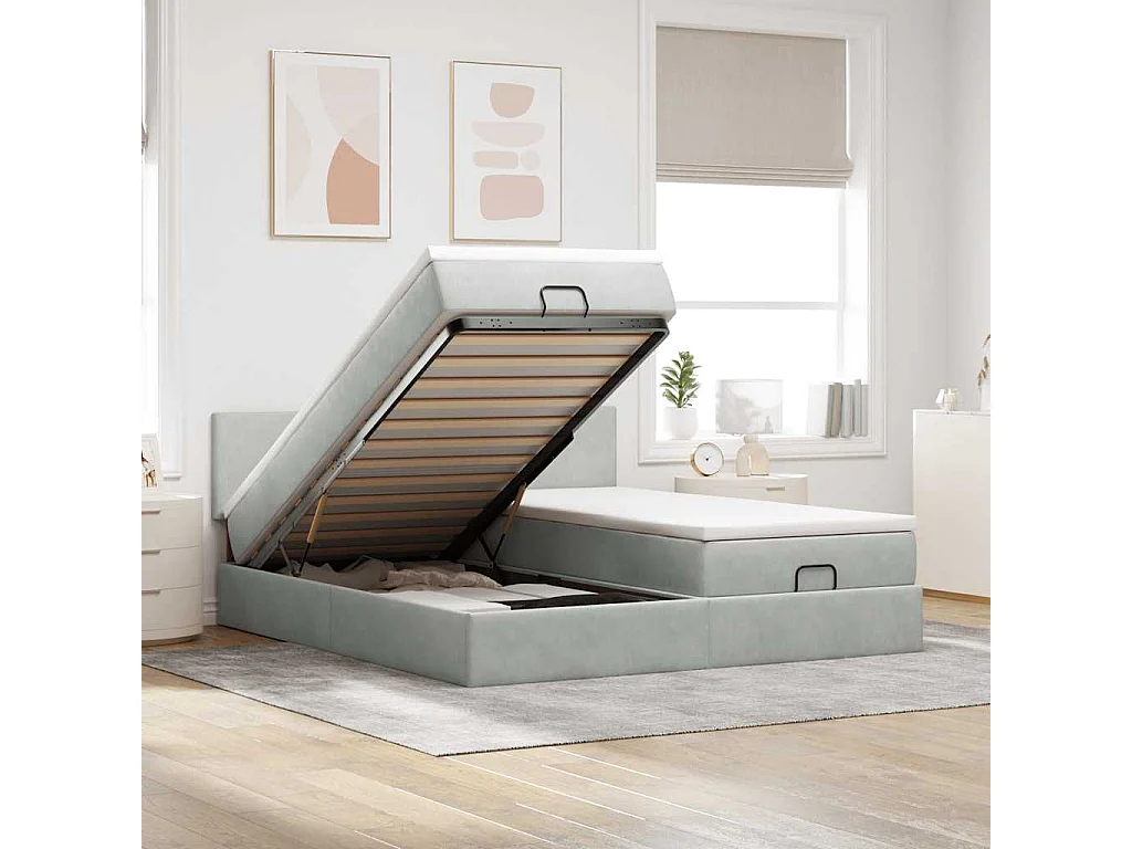 Cadre de lit ottoman et matelas gris clair 160x200cm velours