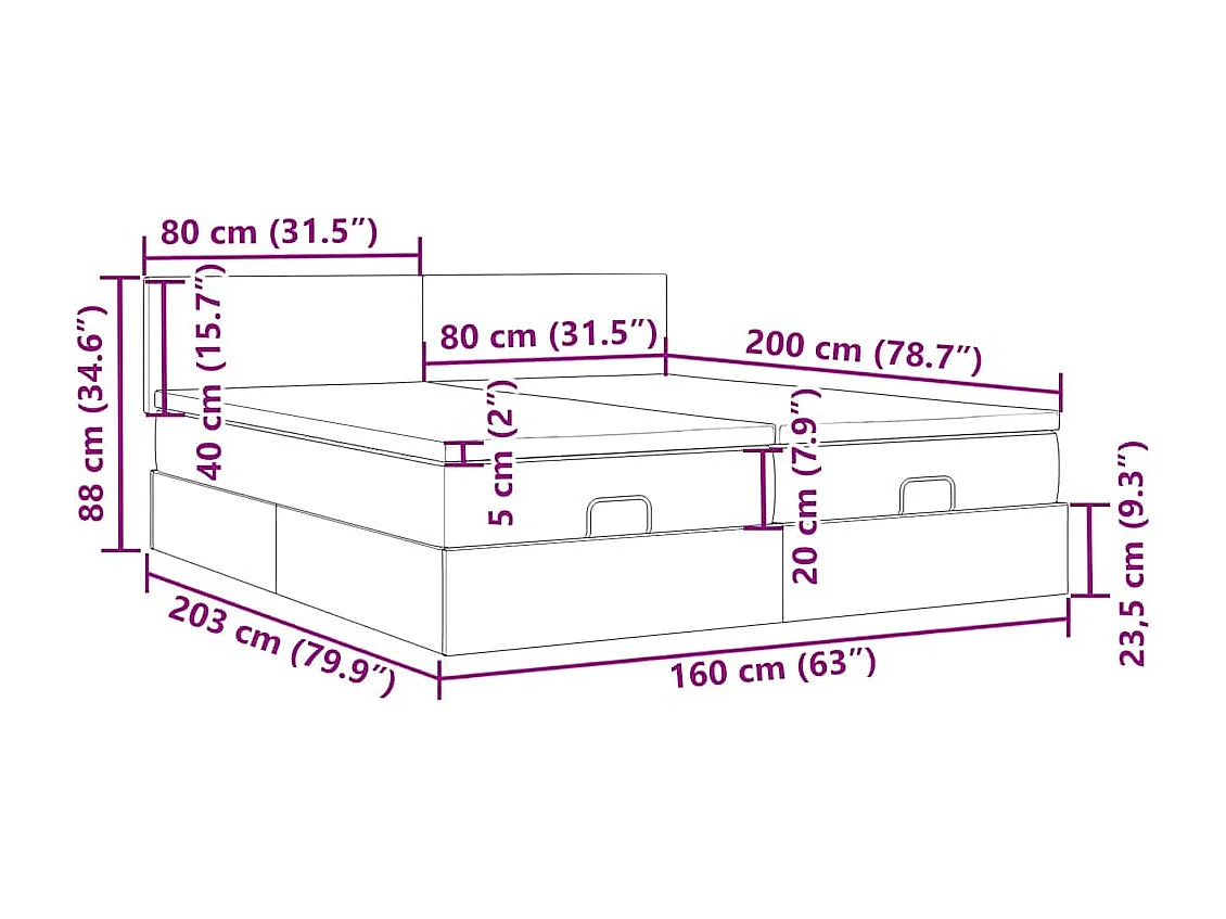 Cadre de lit ottoman et matelas gris clair 160x200cm velours
