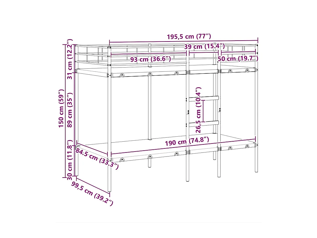 Stapelbed zonder matras 100x190 cm staal zwart