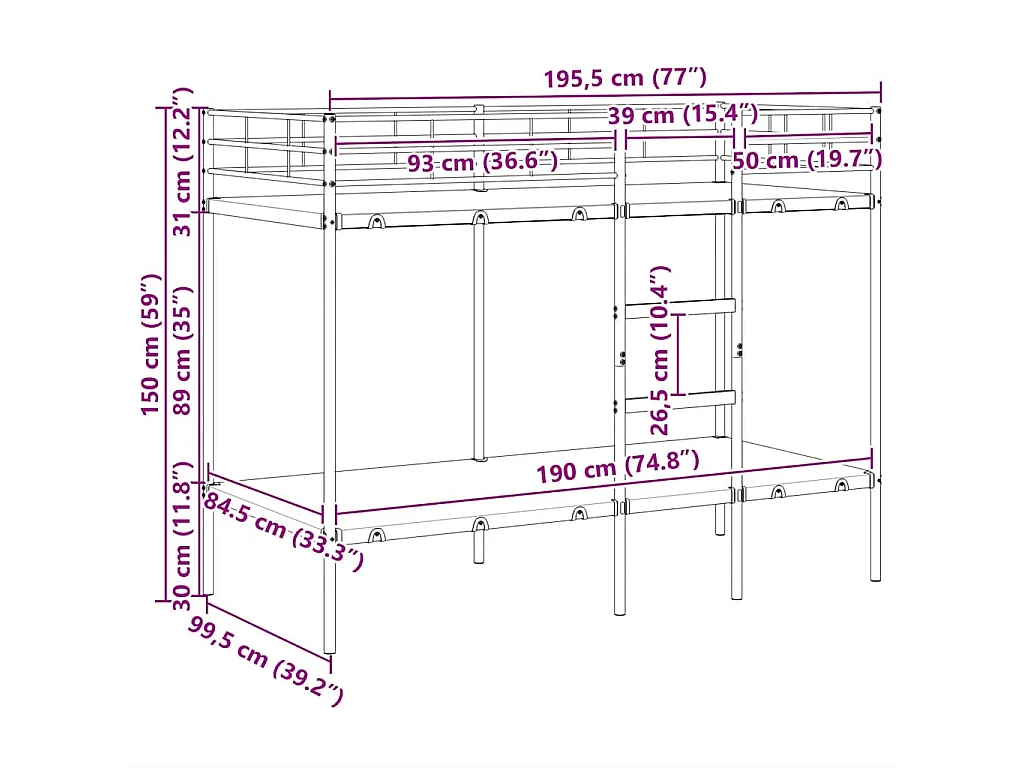 Etagenbett ohne Matratze Schwarz 100x190 cm Stahl