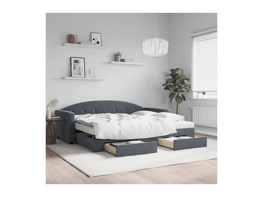 Lit de jour avec gigogne et tiroirs gris foncé 90x200cm velours