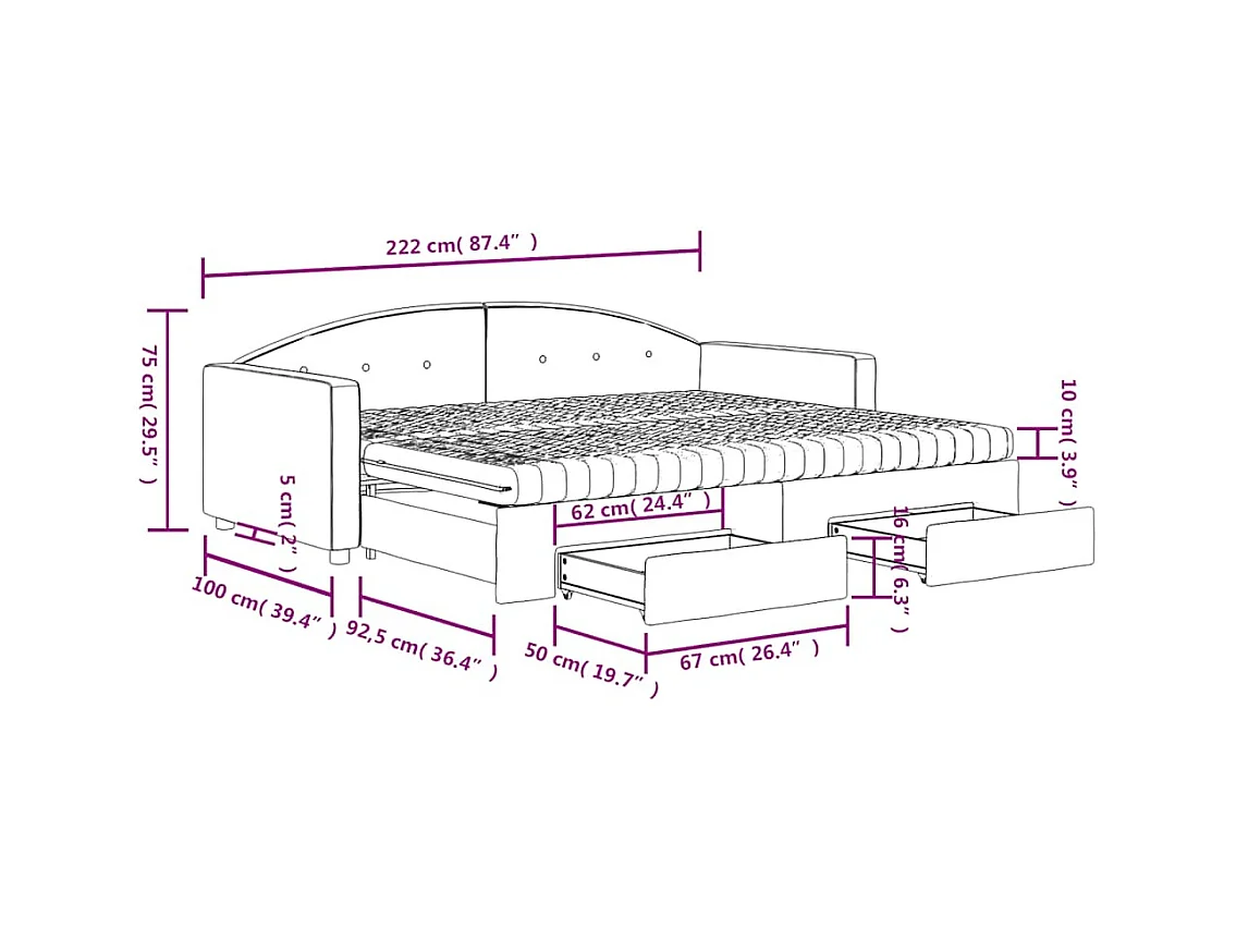Lit de jour avec gigogne et tiroirs gris foncé 90x200cm velours