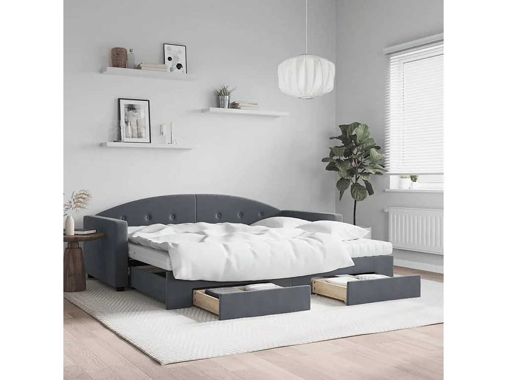 Divano Letto Estraibile Cassetti Grigio Scuro 90x200cm Velluto