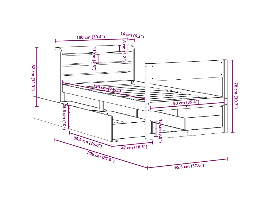 Cadre de lit sans matelas 90x190 cm bois de pin massif