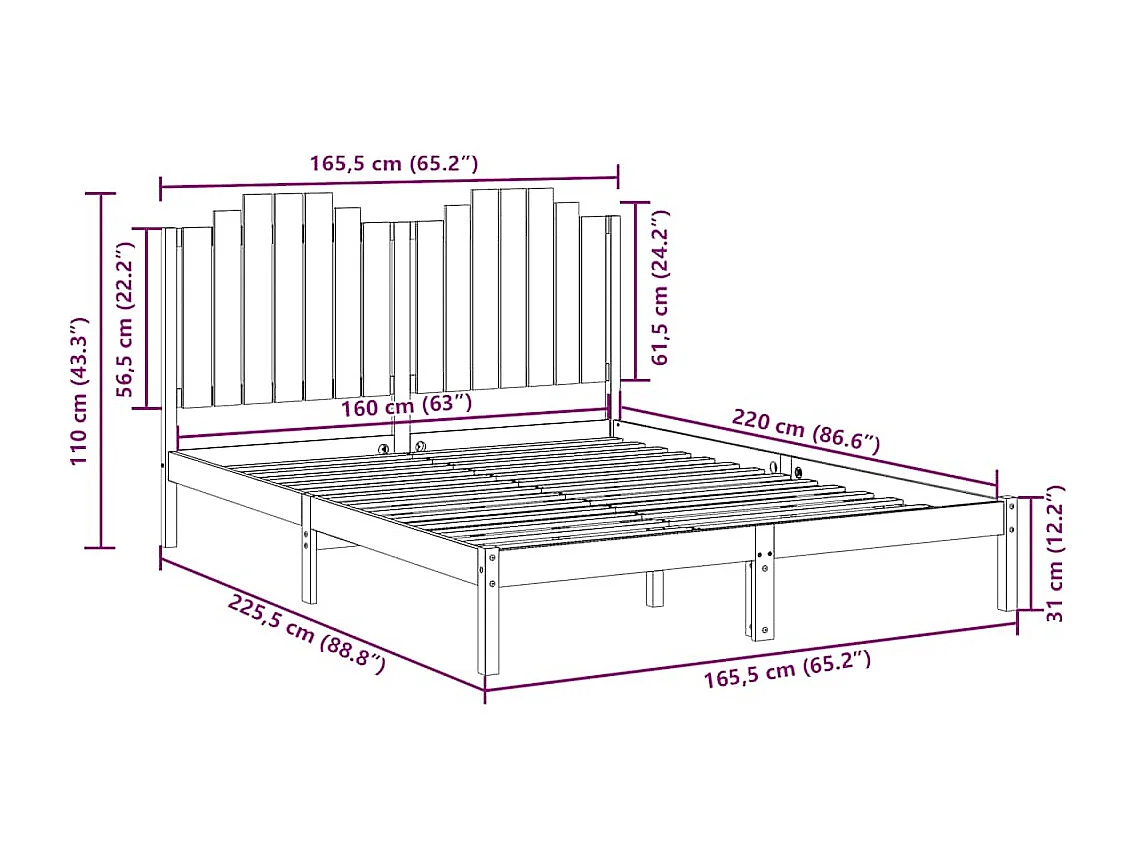 Cadre de lit extra long sans matelas 160x220 cm bois massif