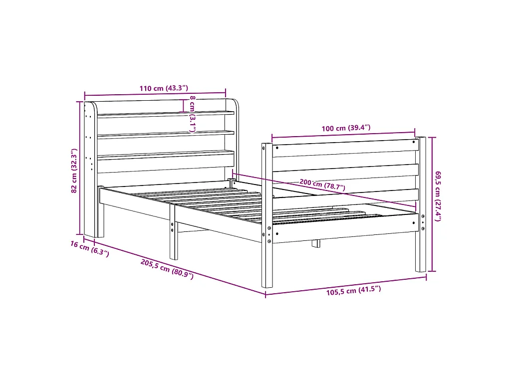 Bettgestell mit Kopfteil ohne Matratze 100x200 cm