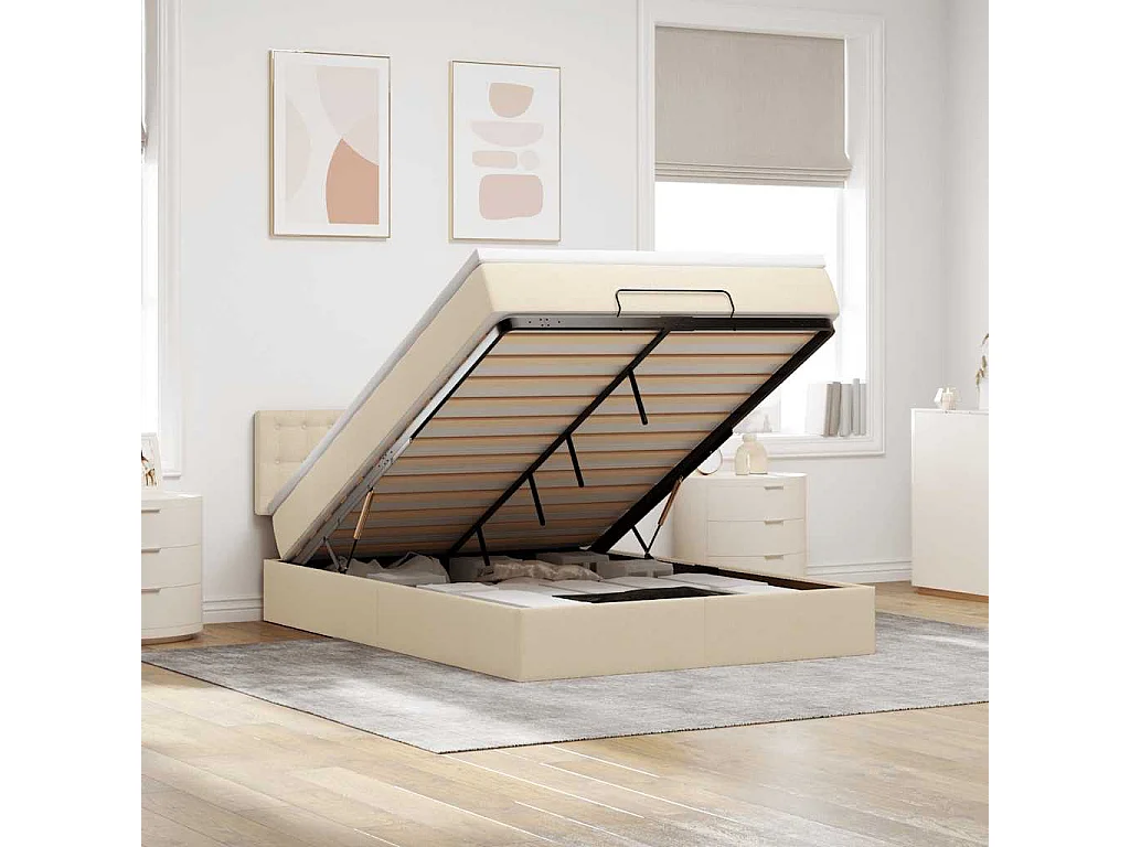 Pouf Letto con Materasso Crema 140x190 cm in Tessuto