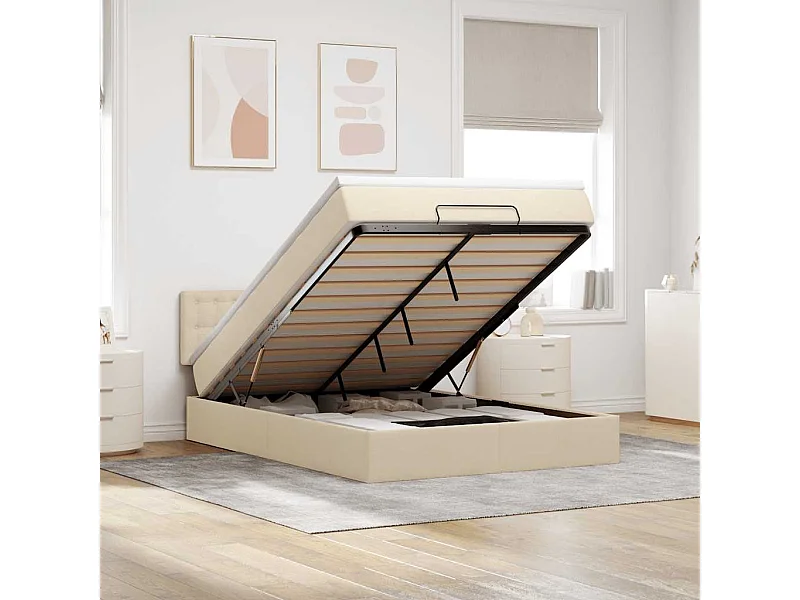 Pouf Letto con Materasso Crema 140x190 cm in Tessuto