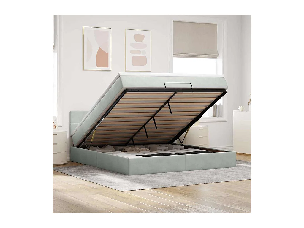 Cadre de lit ottoman avec matelas gris clair 160x200 cm velours