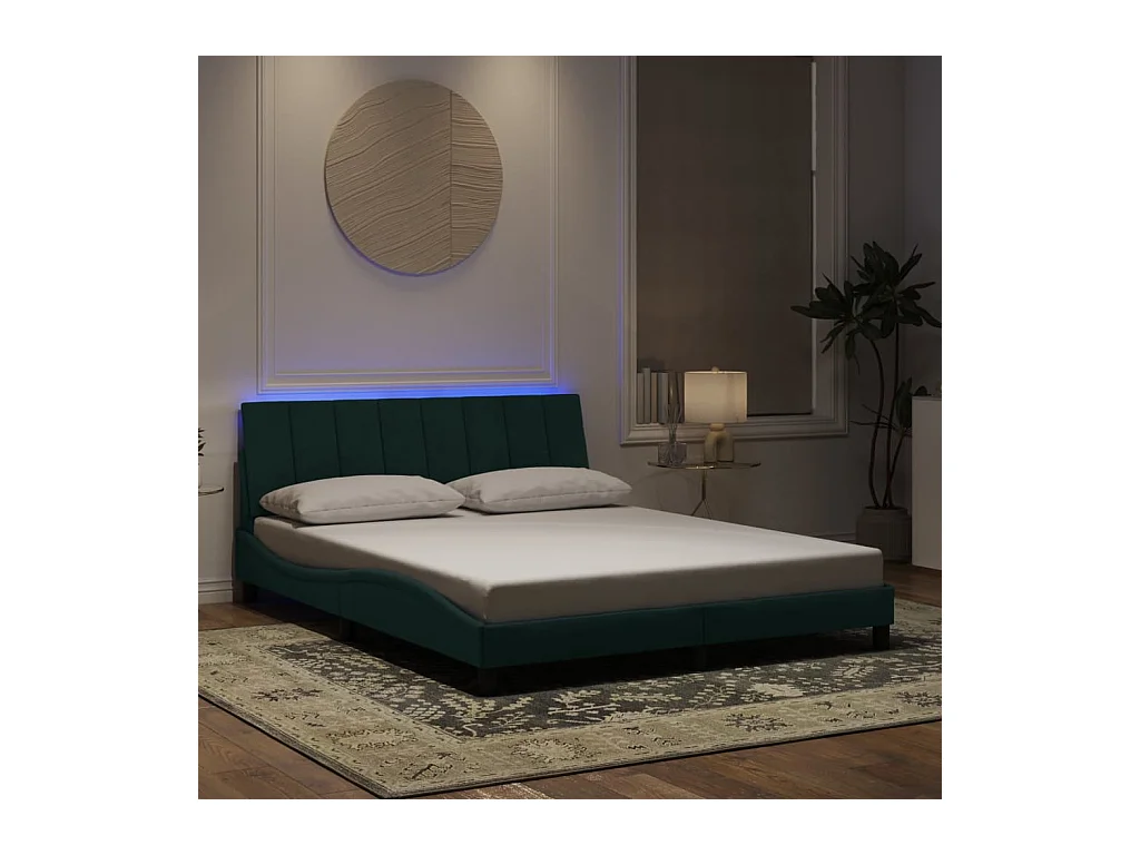 Cadre de lit avec LED sans matelas Hanko vert foncé 160x200 cm velours