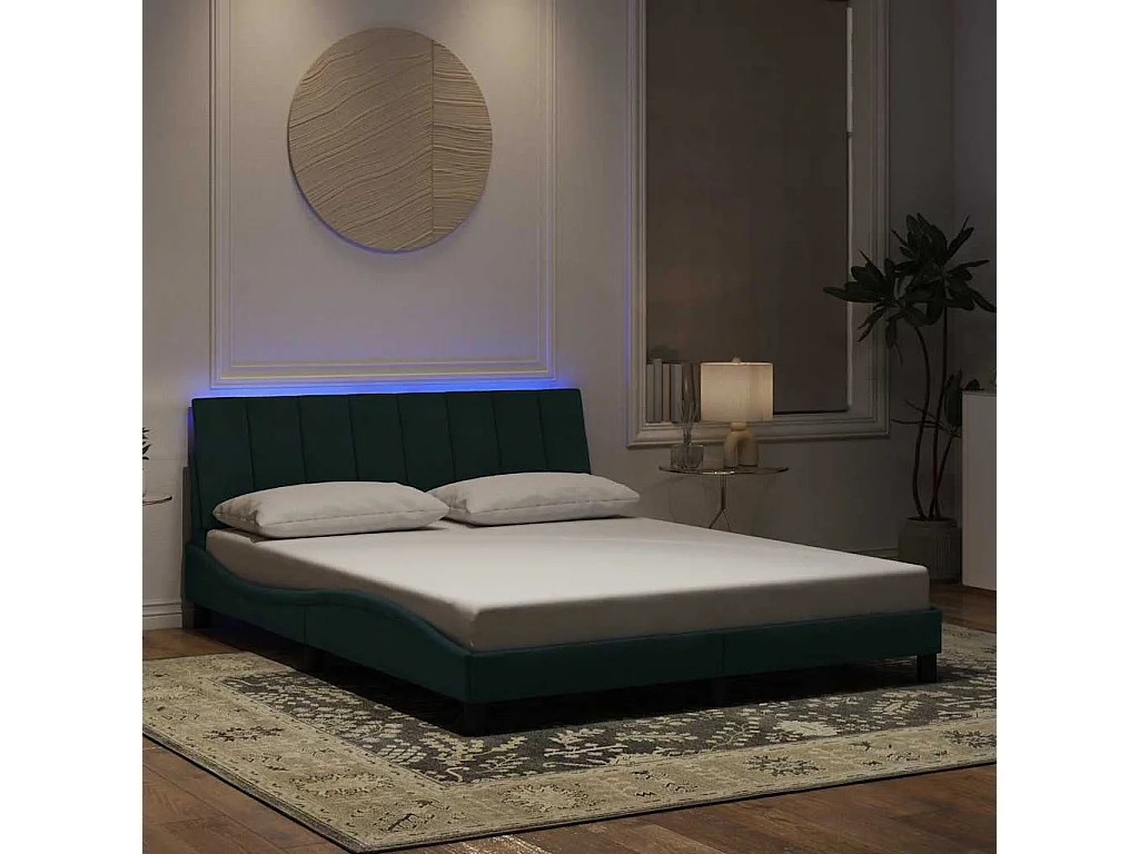 Cadre de lit avec LED sans matelas Hanko vert foncé 160x200 cm velours