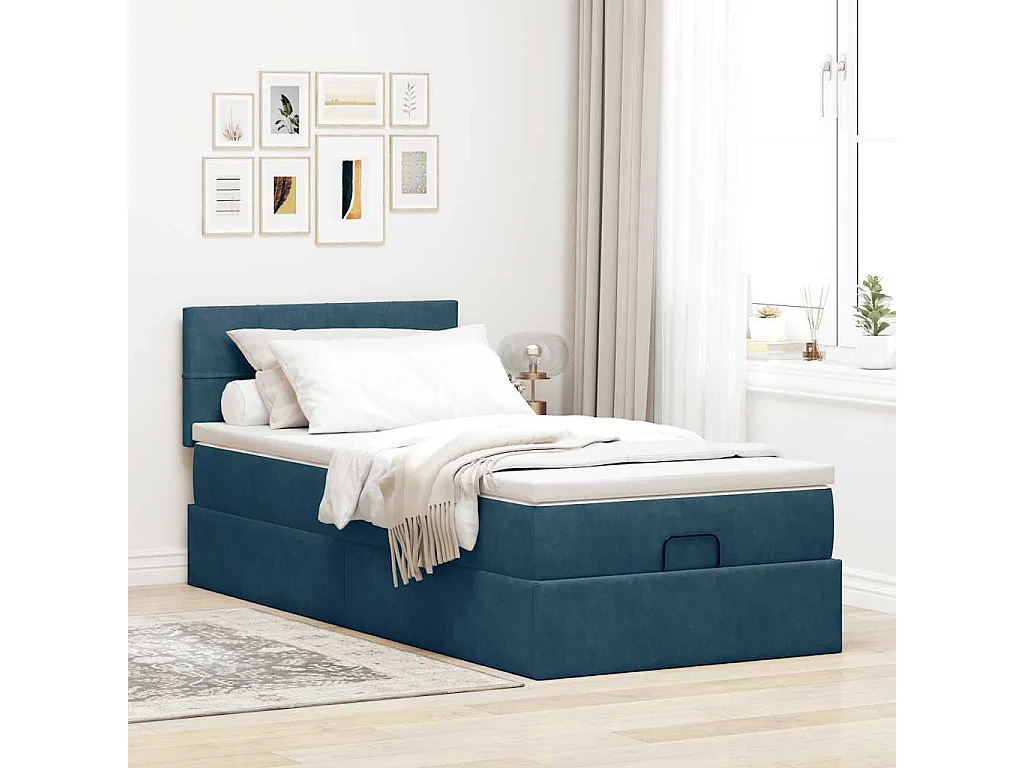 Cadre de lit ottoman avec matelas bleu foncé 100x200 cm velours