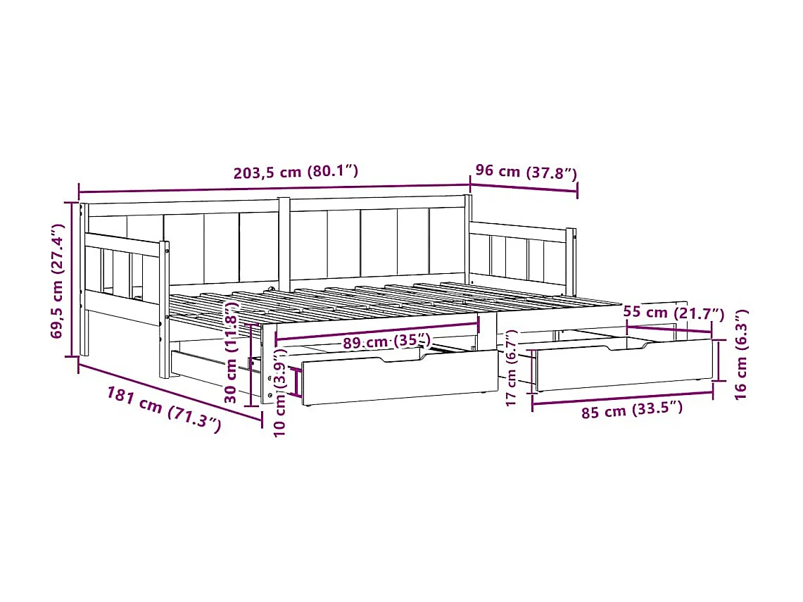 Slaapbank met onderschuifbed/lades zonder matras 90x200 cm wit