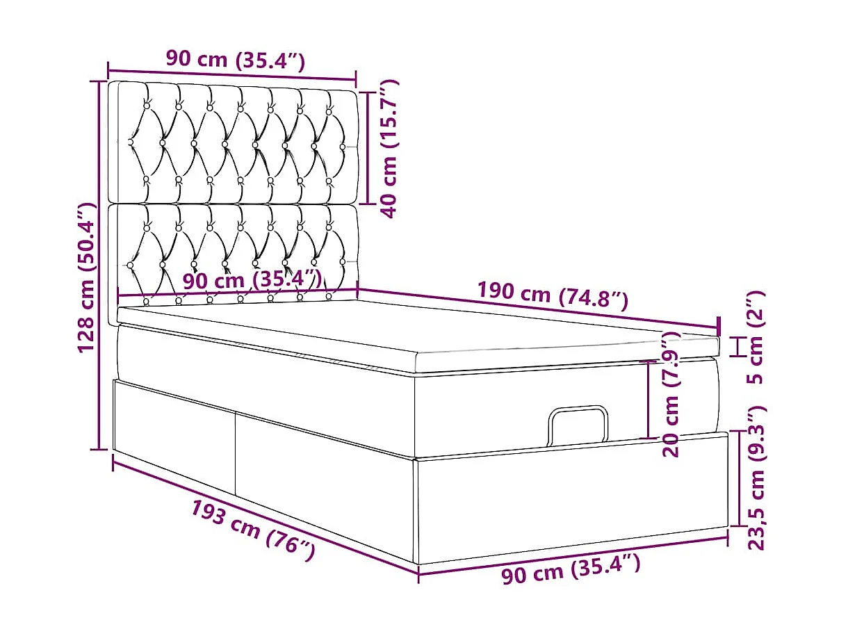 Struttura Letto Pouf con Materassi Nero 90x190 cm in Velluto