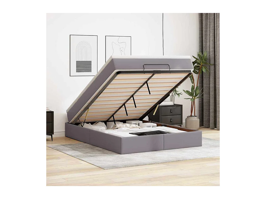 Cadre de lit ottoman avec matelas gris 140x200 cm similicuir