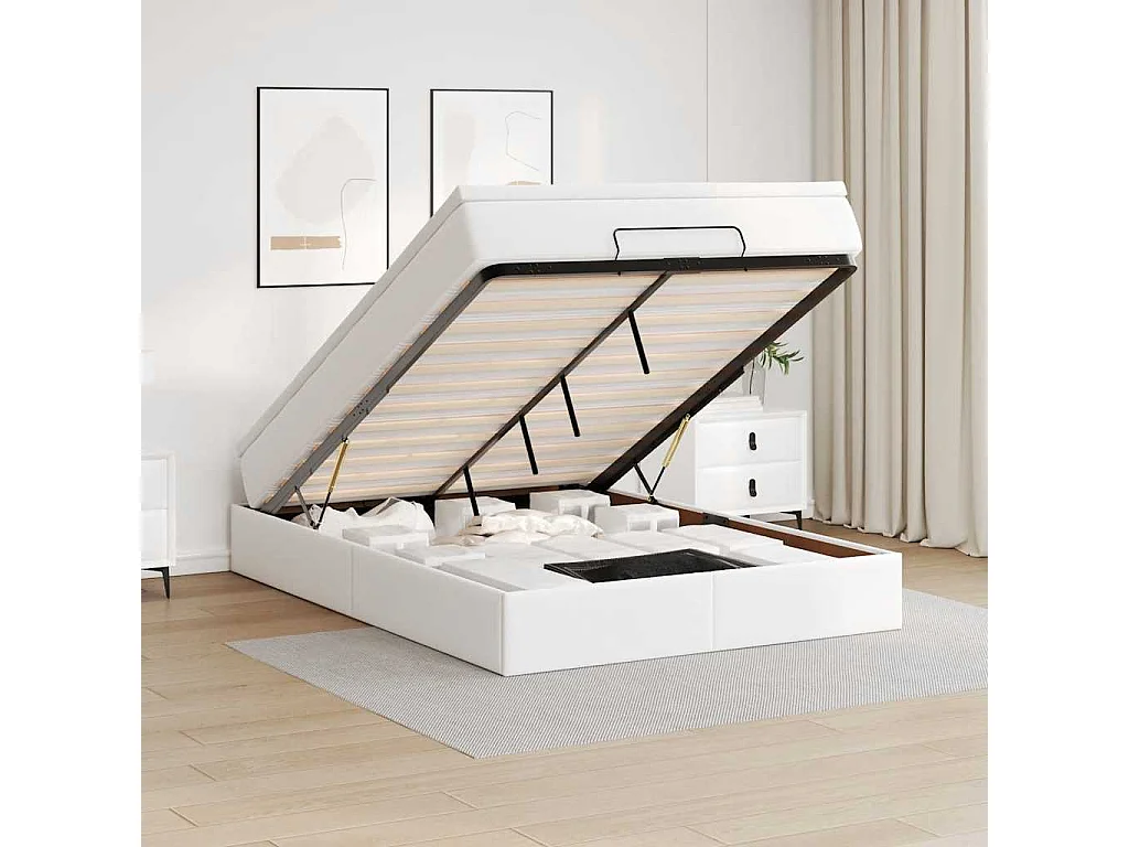 Cadre de lit ottoman avec matelas blanc 140x200 cm similicuir