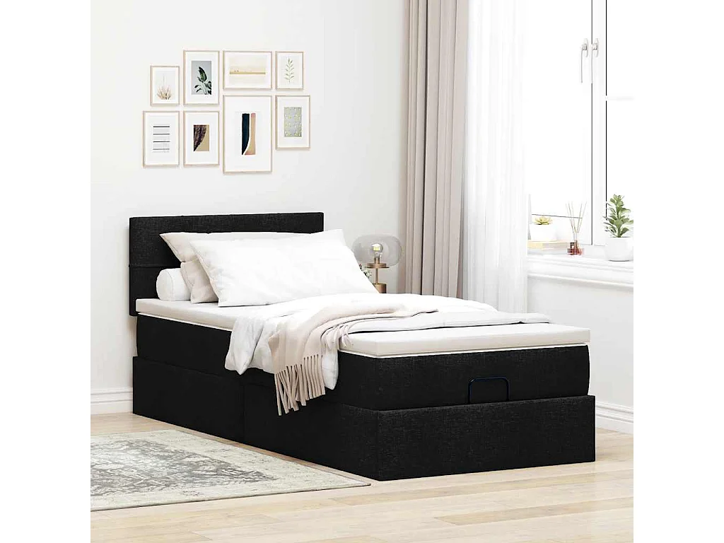 Pouf Letto con Materasso Nero 100x200 cm in Tessuto