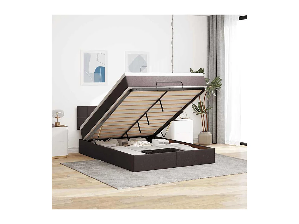 Cadre de lit ottoman avec matelas marron foncé 140x200 cm tissu