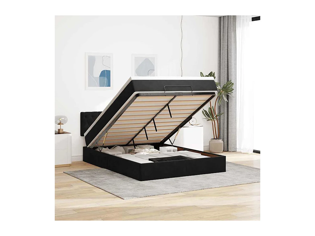 Cadre de lit ottoman avec matelas noir 140x200 cm velours