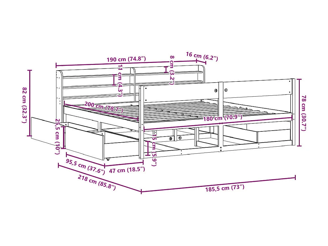 Cadre de lit sans matelas blanc 180x200 cm bois massif de pin