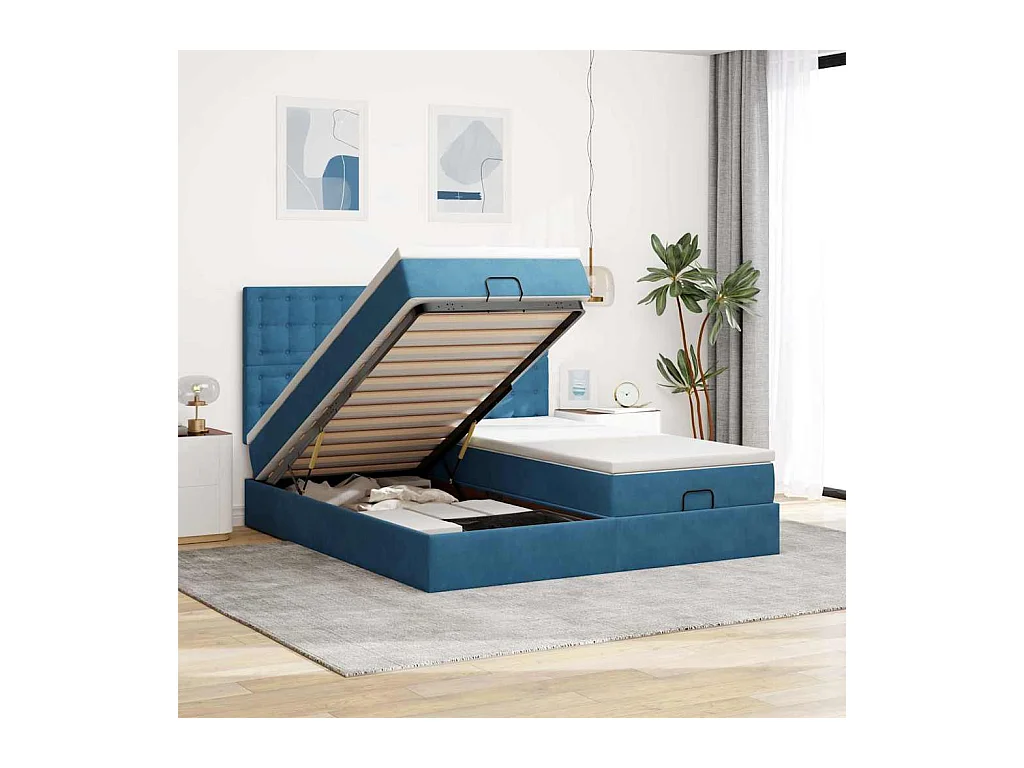 Cadre de lit ottoman avec matelas bleu foncé 180x200 cm velours