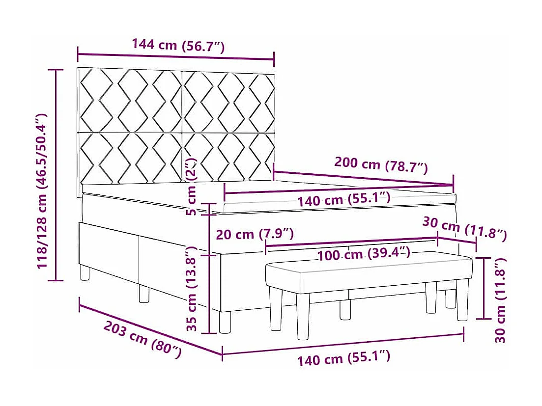 Letto a molle con cuscino Nero 200 x 140 cm Tessuto