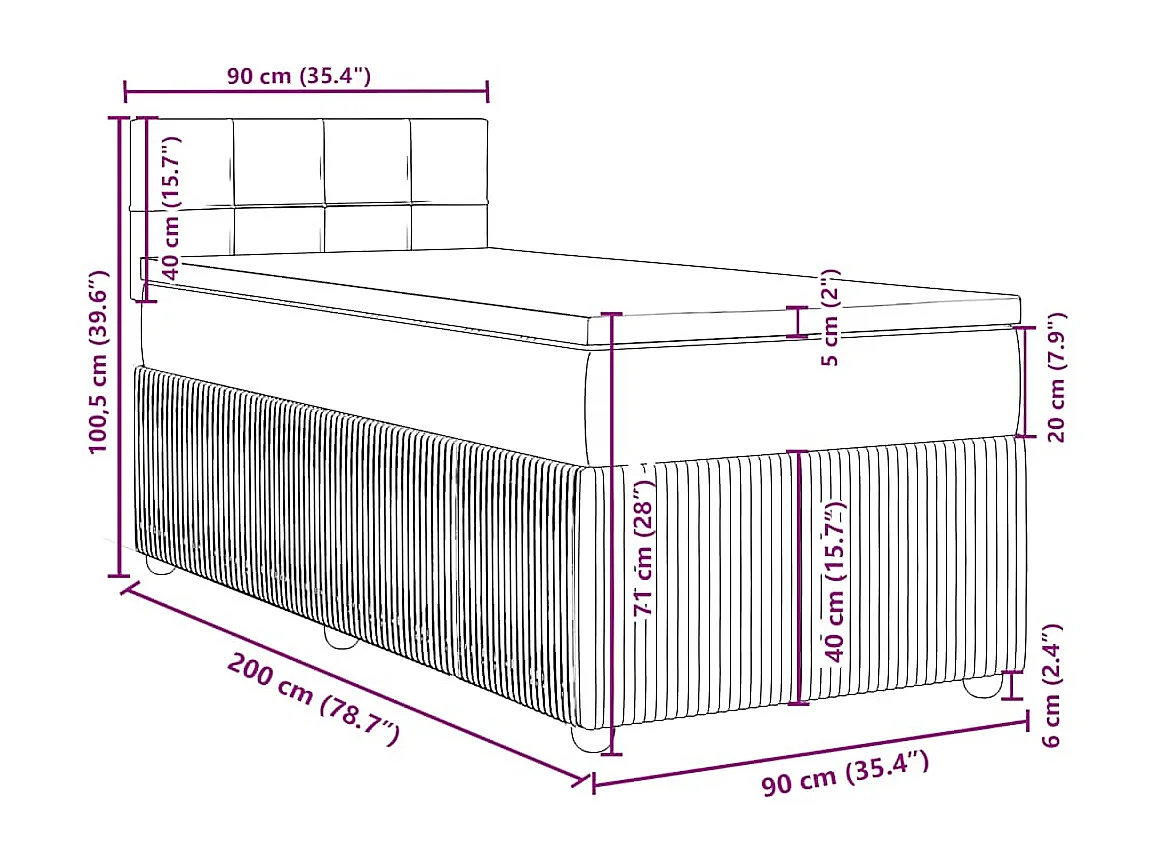 Cama box spring con colchón terciopelo gris claro 90x190 cm
