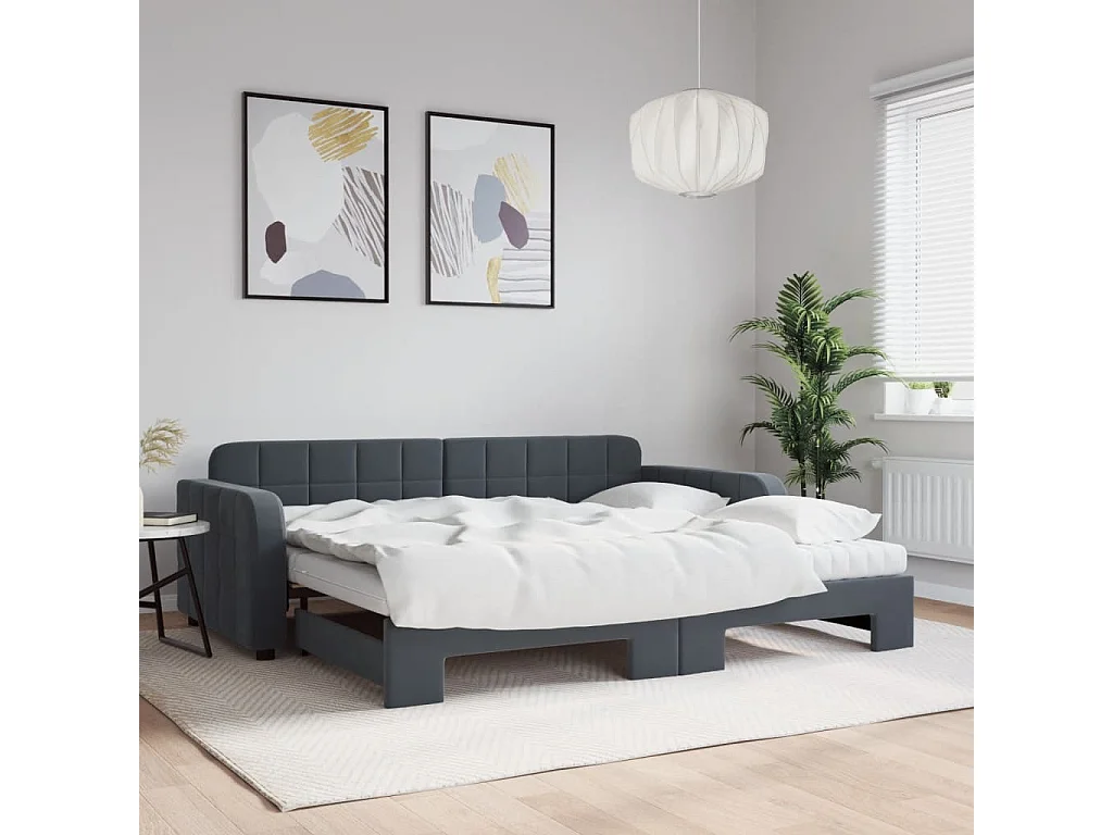 Slaapbank onderschuifbed matrassen 90x200cm fluweel donkergrijs
