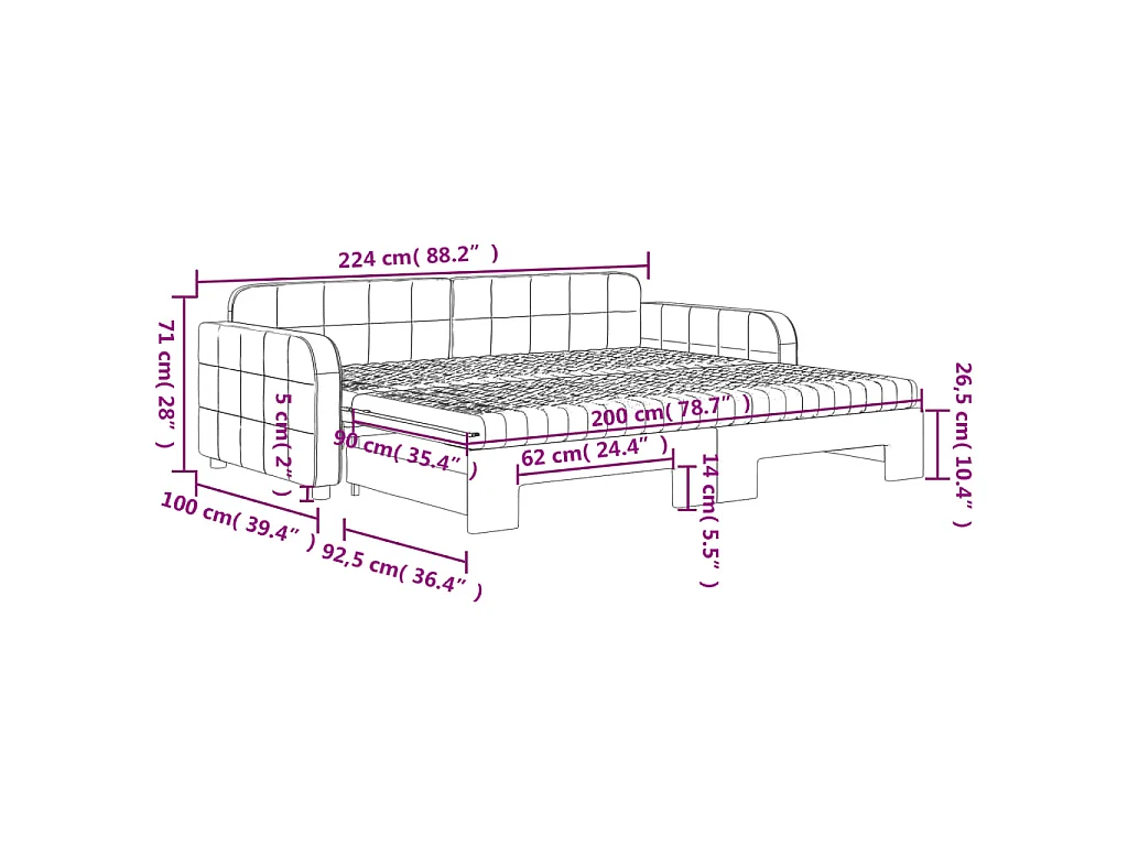 Slaapbank onderschuifbed matrassen 90x200cm fluweel donkergrijs