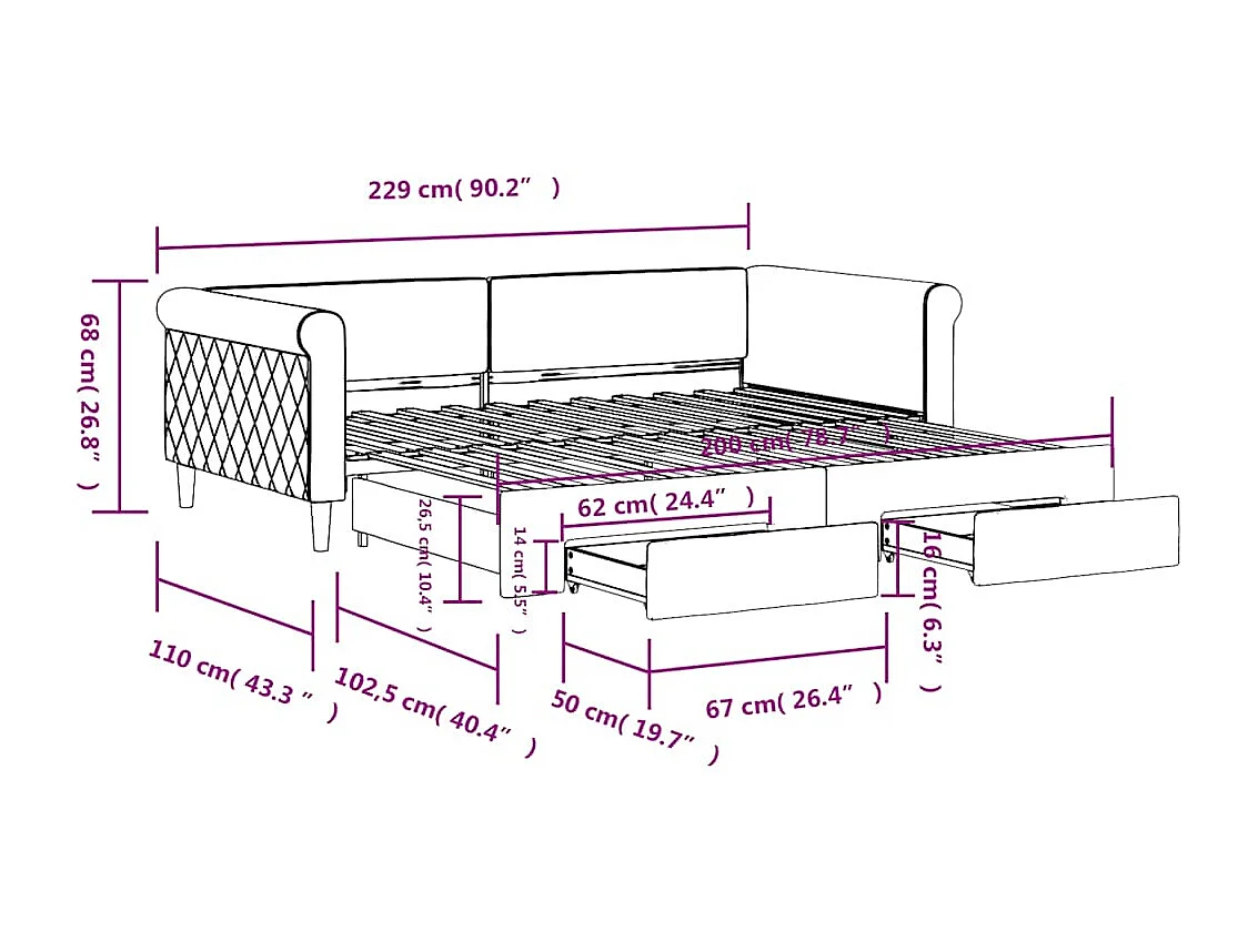 Lit de jour avec gigogne et tiroirs sans matelas 100x200 cm
