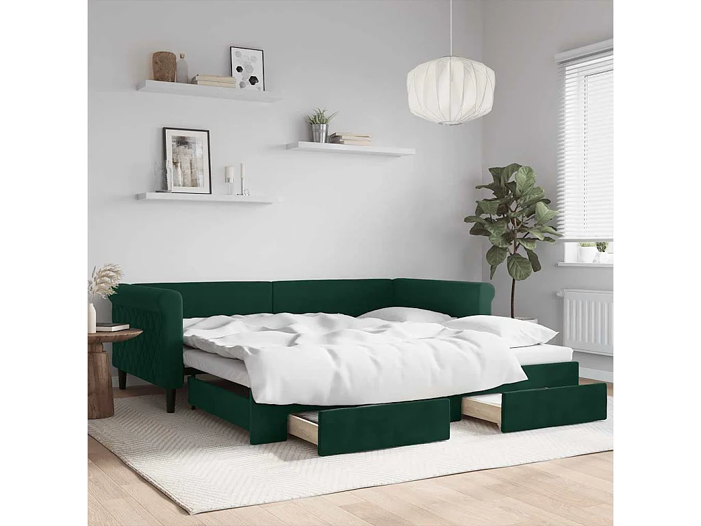 Divano Letto Estraibile Cassetti Verde Scuro 100x200cm Velluto