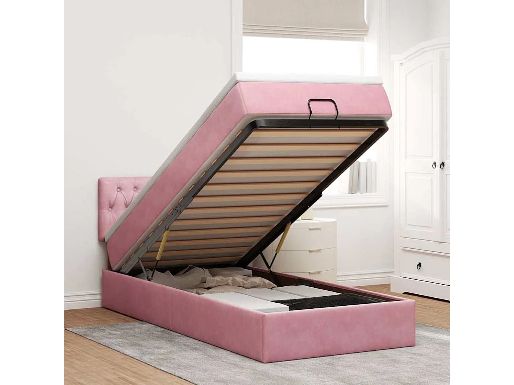 Struttura Letto Pouf con Materasso Rosa 100x200 cm Velluto