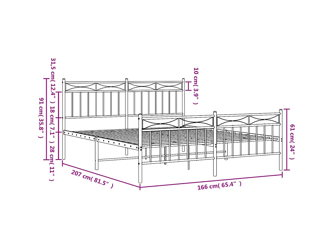Cadre de lit métal sans matelas avec pied de lit noir 160x200cm