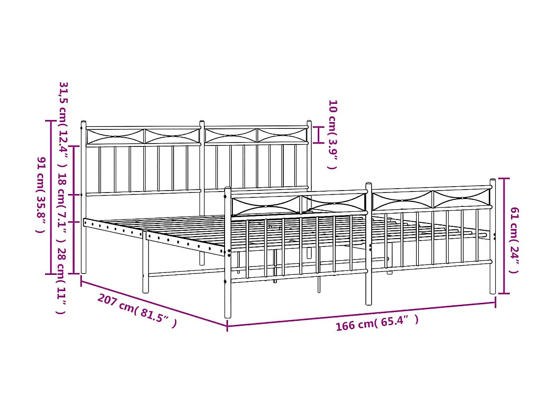 Cadre de lit métal sans matelas avec pied de lit noir 160x200cm