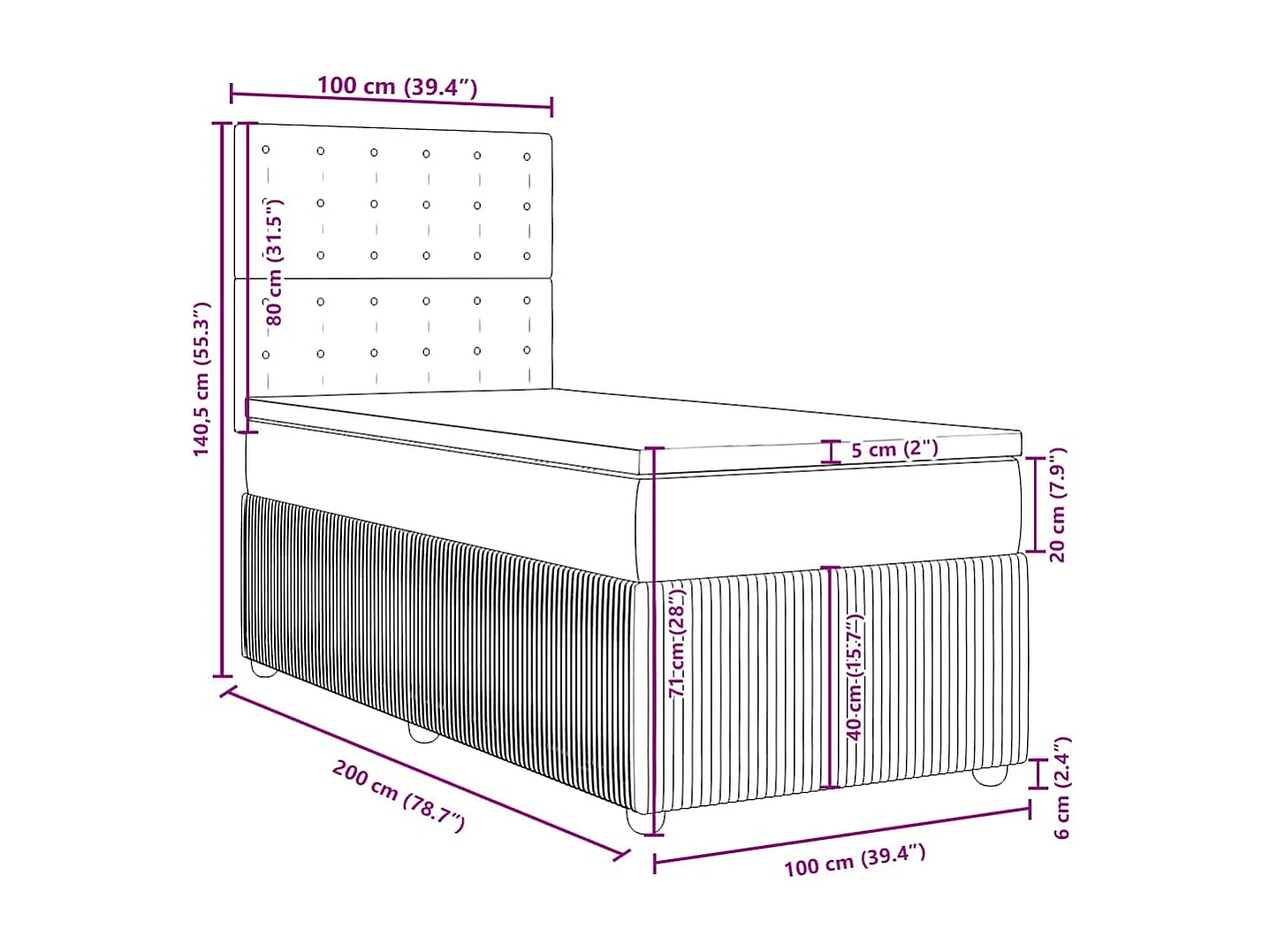 Cama box spring con colchón tela azul 100x200 cm