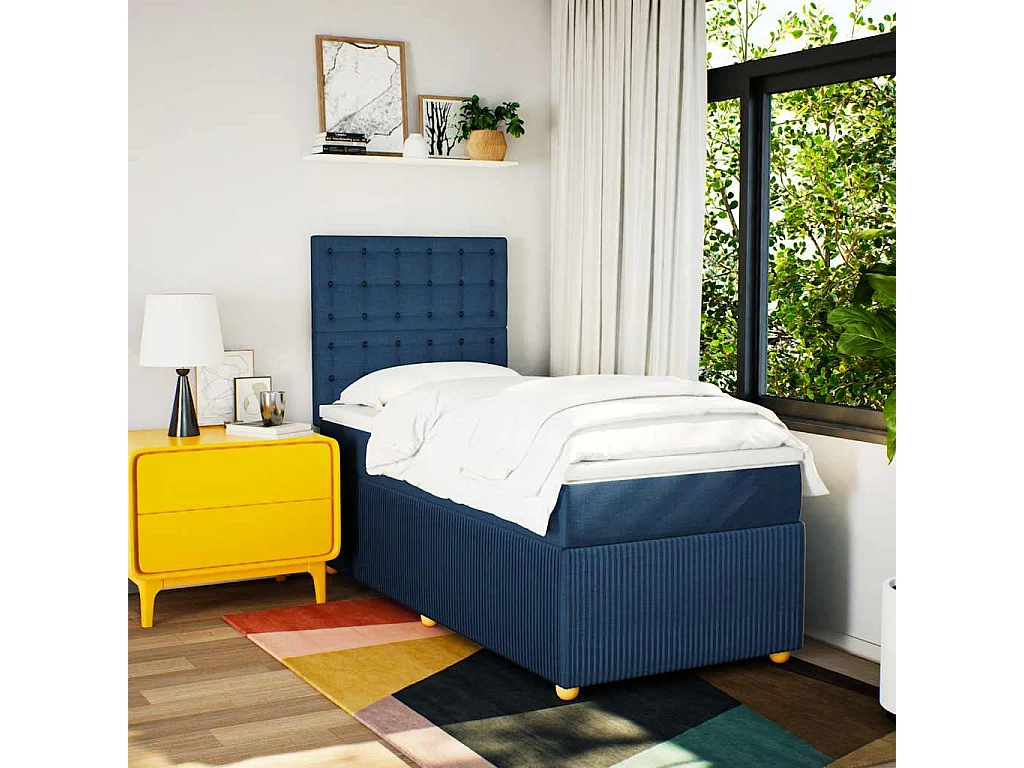 Cama box spring con colchón tela azul 100x200 cm