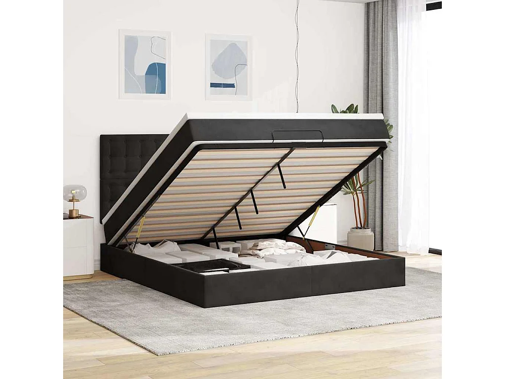 Struttura Letto Pouf con Materassi Nero 160x200 cm in Velluto