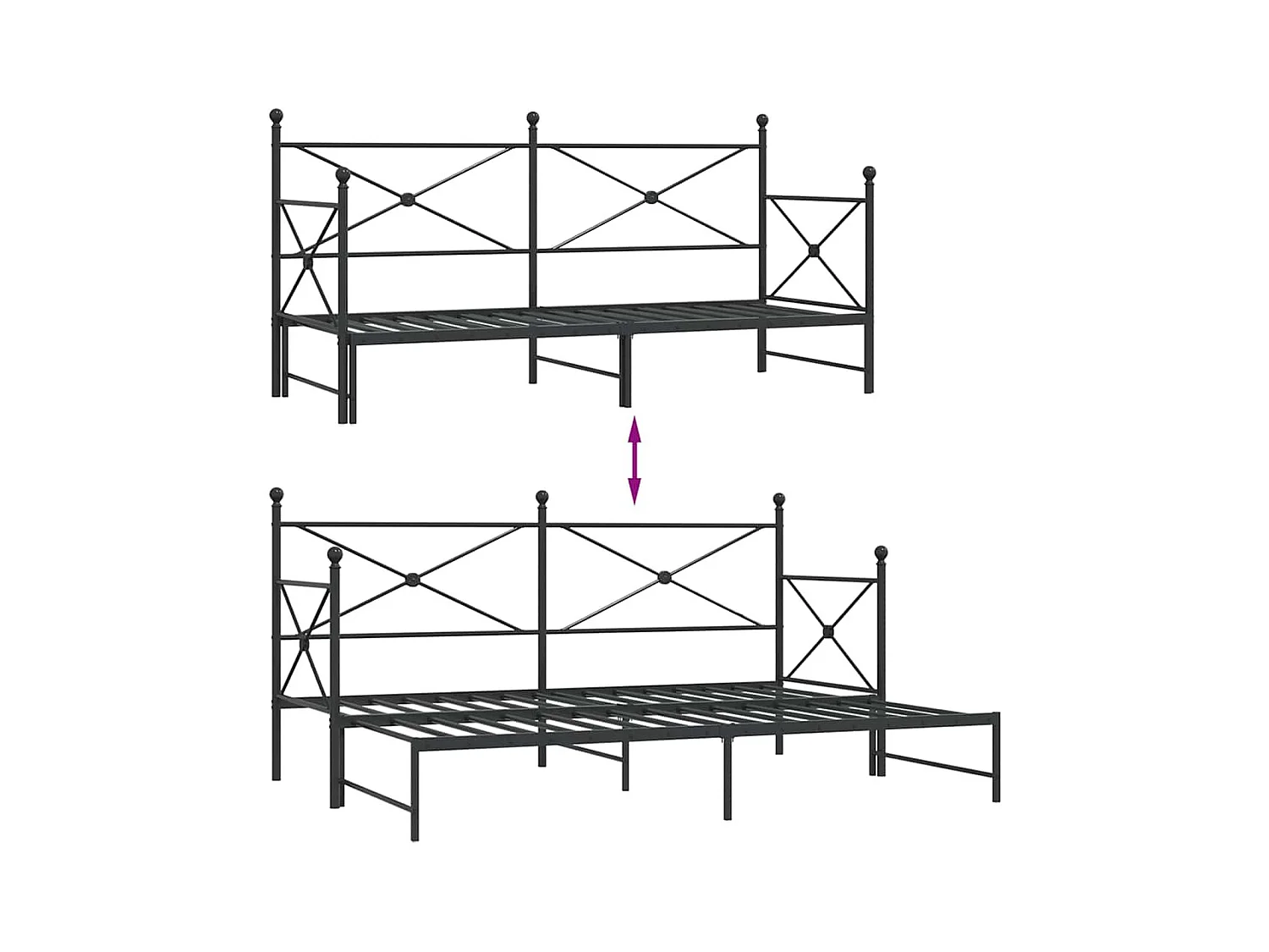 Lit de jour avec gigogne sans matelas noir 90x200 cm acier