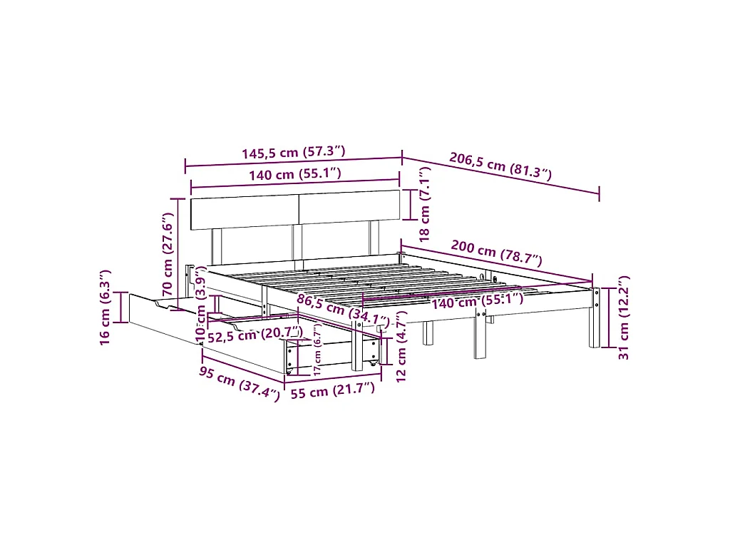 Cadre de lit sans matelas blanc 140x200 cm bois de pin massif