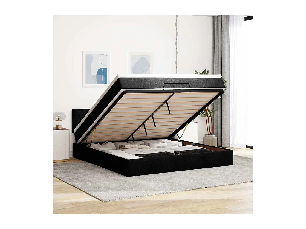 Estructura de cama otomana con colchón tela negra 180x200cm