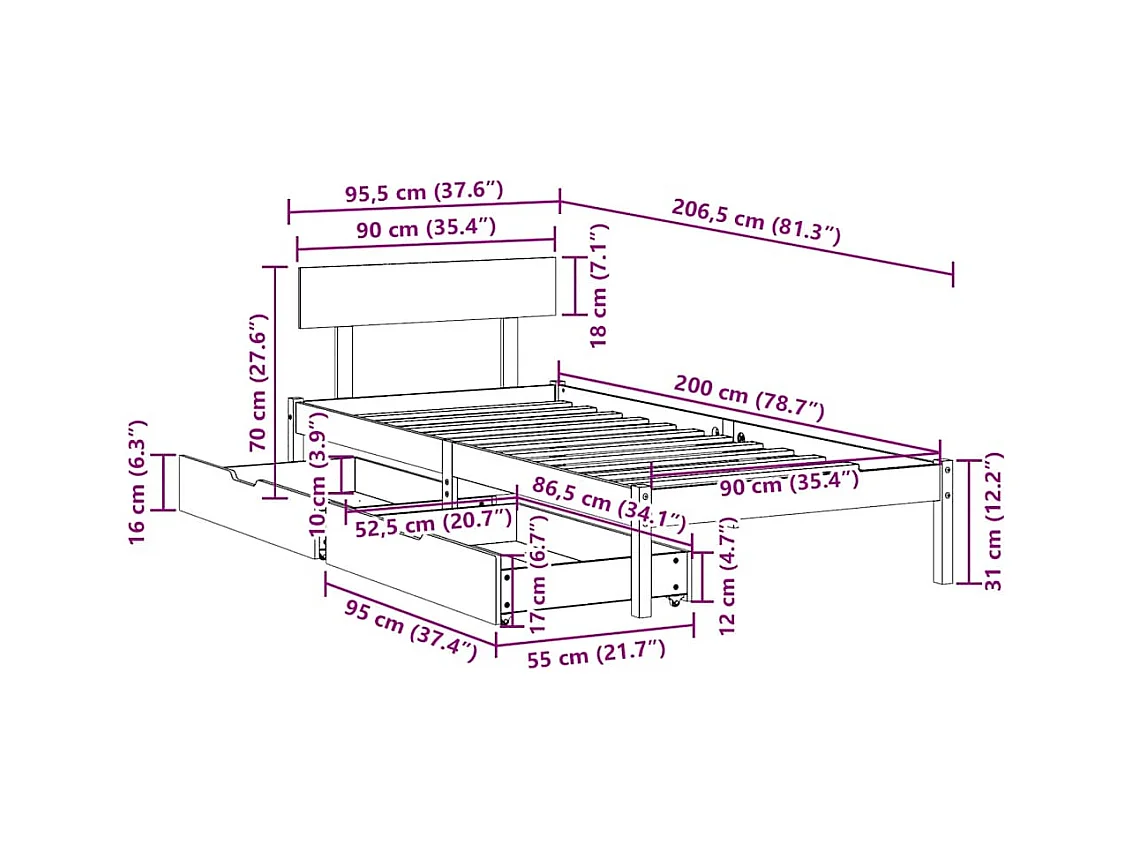 Cadre de lit sans matelas blanc 90x200 cm bois de pin massif